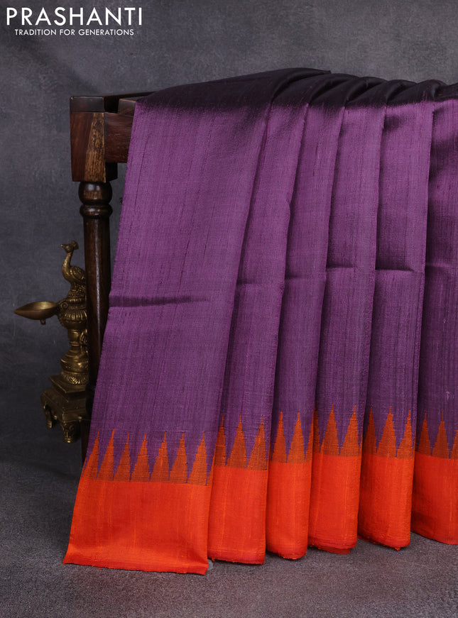 Pure dupion silk saree lavender and orange with plain body and temple woven border