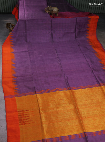 Pure dupion silk saree lavender and orange with plain body and temple woven border