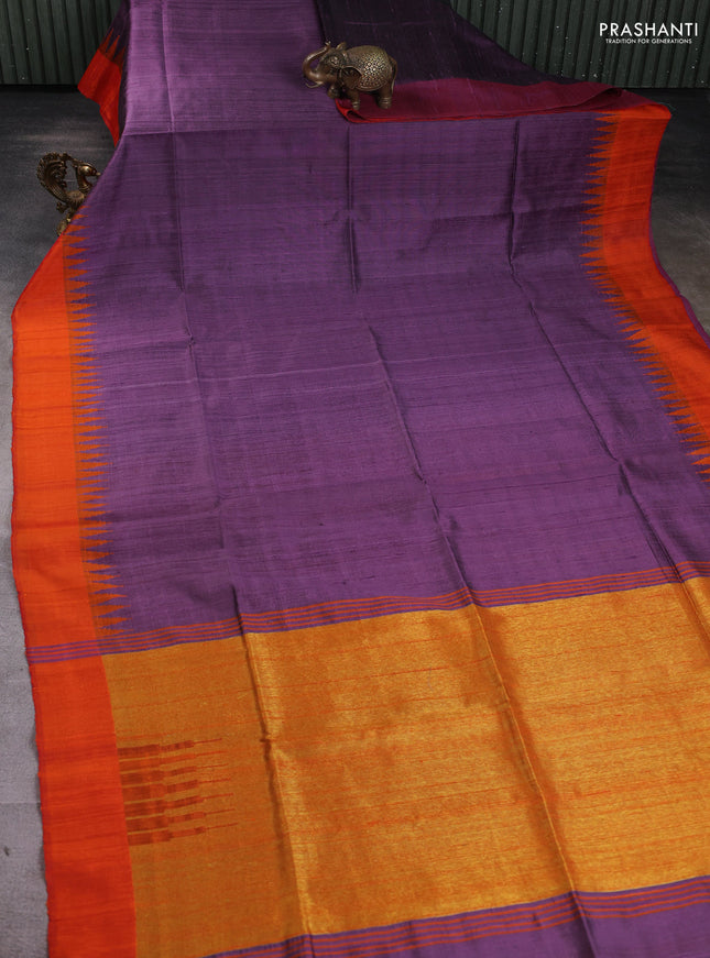 Pure dupion silk saree lavender and orange with plain body and temple woven border