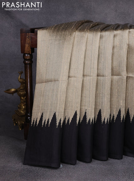 Pure dupion silk saree beige and black with plain body and temple woven border
