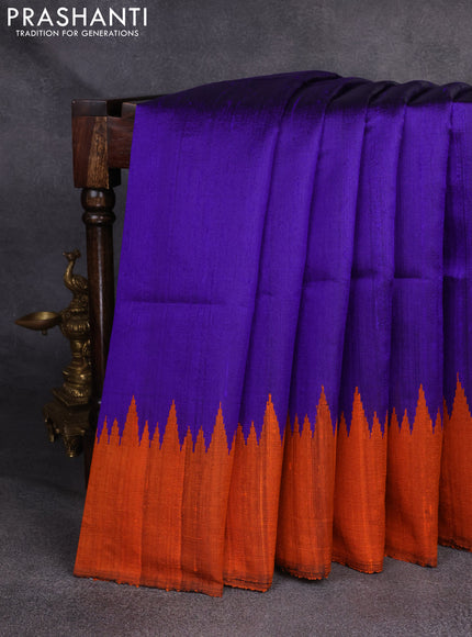 Pure dupion silk saree blue and orange with plain body and temple woven border