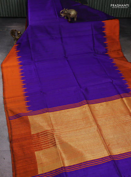 Pure dupion silk saree blue and orange with plain body and temple woven border