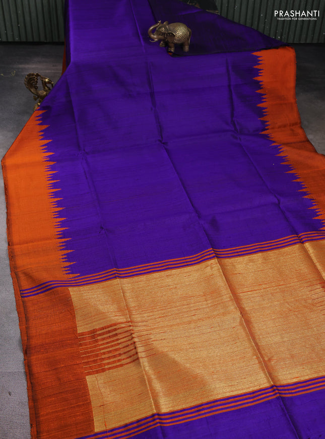 Pure dupion silk saree blue and orange with plain body and temple woven border