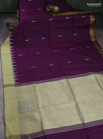 Pure dupion silk saree purple and grey with thread & zari woven buttas and temple design zari woven border