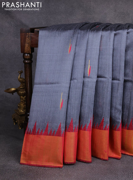 Pure dupion silk saree grey and pink with thread & zari woven buttas and temple design zari woven border