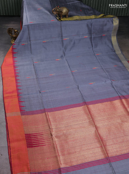Pure dupion silk saree grey and pink with thread & zari woven buttas and temple design zari woven border