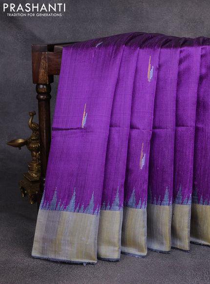 Pure dupion silk saree violet and blue with thread & zari woven buttas and temple design zari woven border