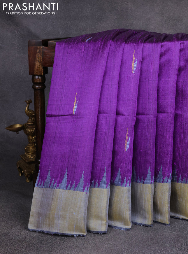 Pure dupion silk saree violet and blue with thread & zari woven buttas and temple design zari woven border