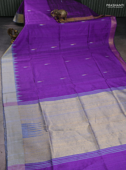 Pure dupion silk saree violet and blue with thread & zari woven buttas and temple design zari woven border