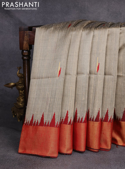 Pure dupion silk saree beige and maroon with thread & zari woven buttas and temple design zari woven border