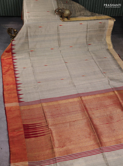 Pure dupion silk saree beige and maroon with thread & zari woven buttas and temple design zari woven border