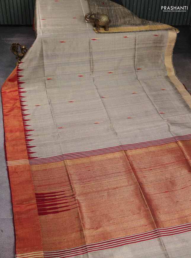 Pure dupion silk saree beige and maroon with thread & zari woven buttas and temple design zari woven border
