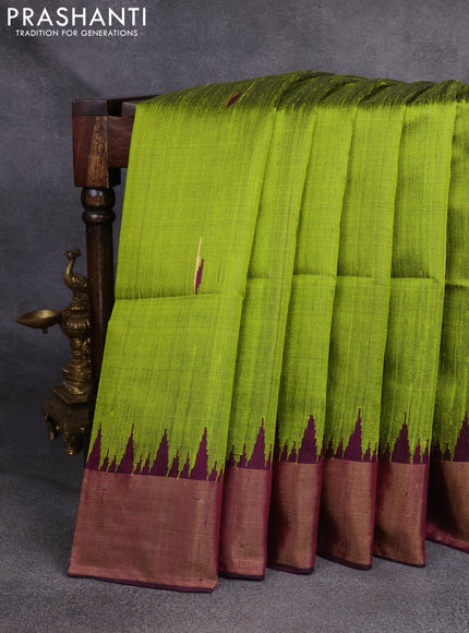 Pure dupion silk saree light green and purple with thread & zari woven buttas and temple design zari woven border