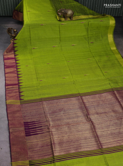 Pure dupion silk saree light green and purple with thread & zari woven buttas and temple design zari woven border