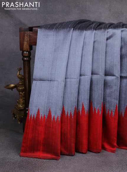 Pure dupion silk saree grey and red with plain body and temple woven border