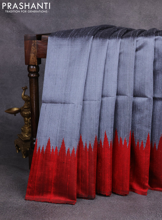 Pure dupion silk saree grey and red with plain body and temple woven border