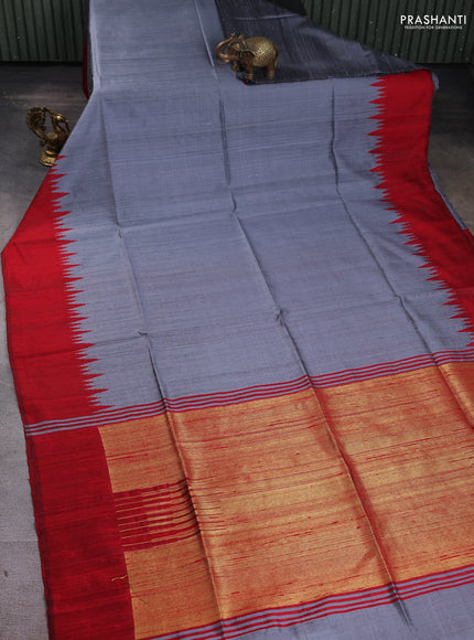 Pure dupion silk saree grey and red with plain body and temple woven border