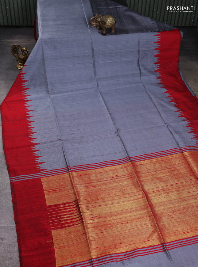 Pure dupion silk saree grey and red with plain body and temple woven border