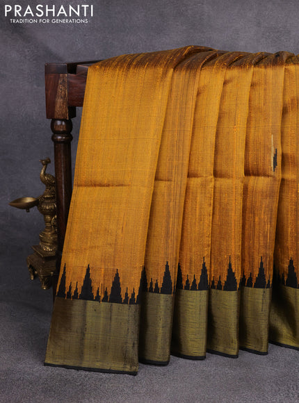 Pure dupion silk saree mustard yellow and black with thread & zari woven buttas and temple design zari woven border