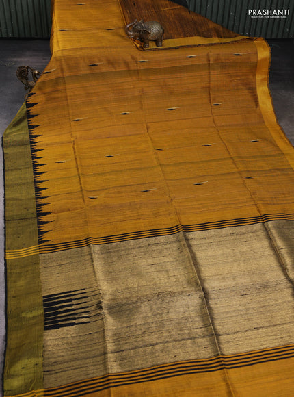Pure dupion silk saree mustard yellow and black with thread & zari woven buttas and temple design zari woven border