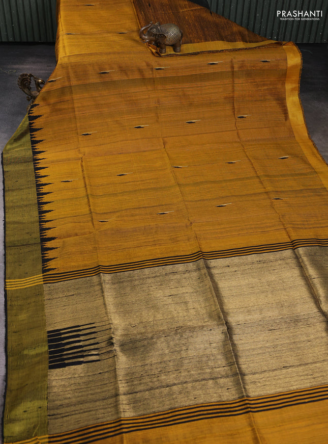 Pure dupion silk saree mustard yellow and black with thread & zari woven buttas and temple design zari woven border