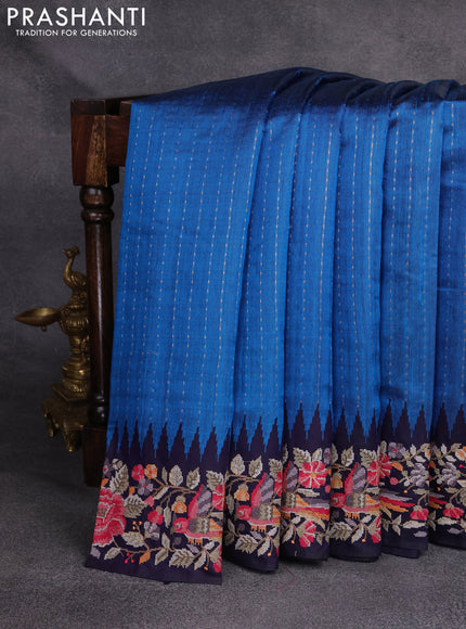 Pure dupion silk saree cs blue and navy blue with allover zari weaves and embroidery border