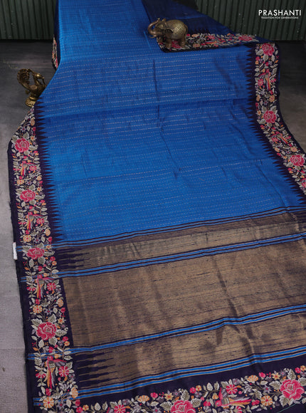 Pure dupion silk saree cs blue and navy blue with allover zari weaves and embroidery border