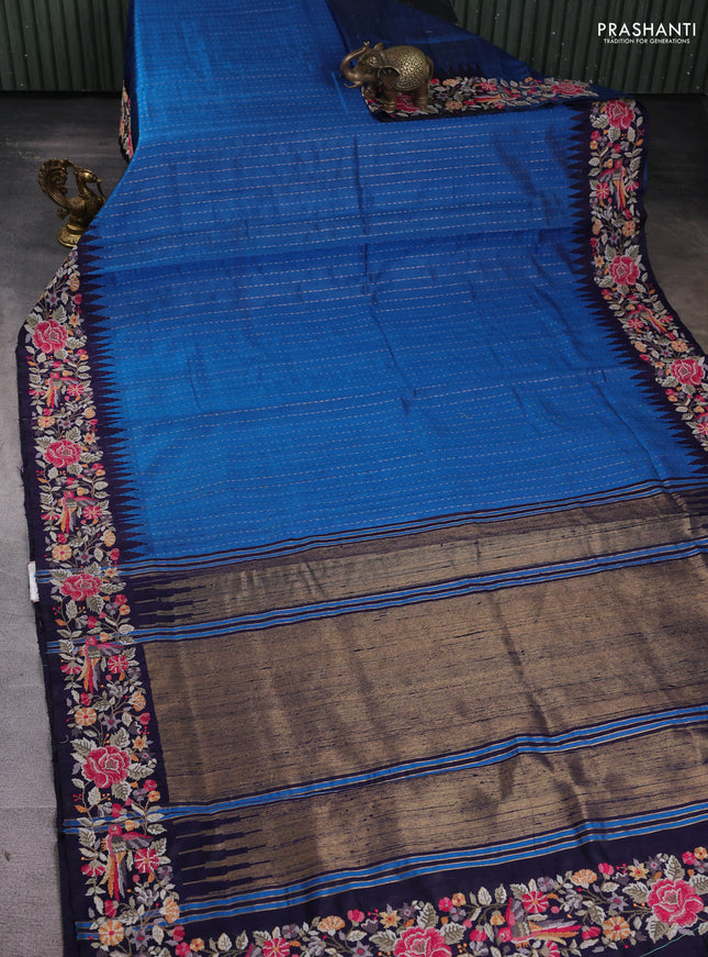 Pure dupion silk saree cs blue and navy blue with allover zari weaves and embroidery border