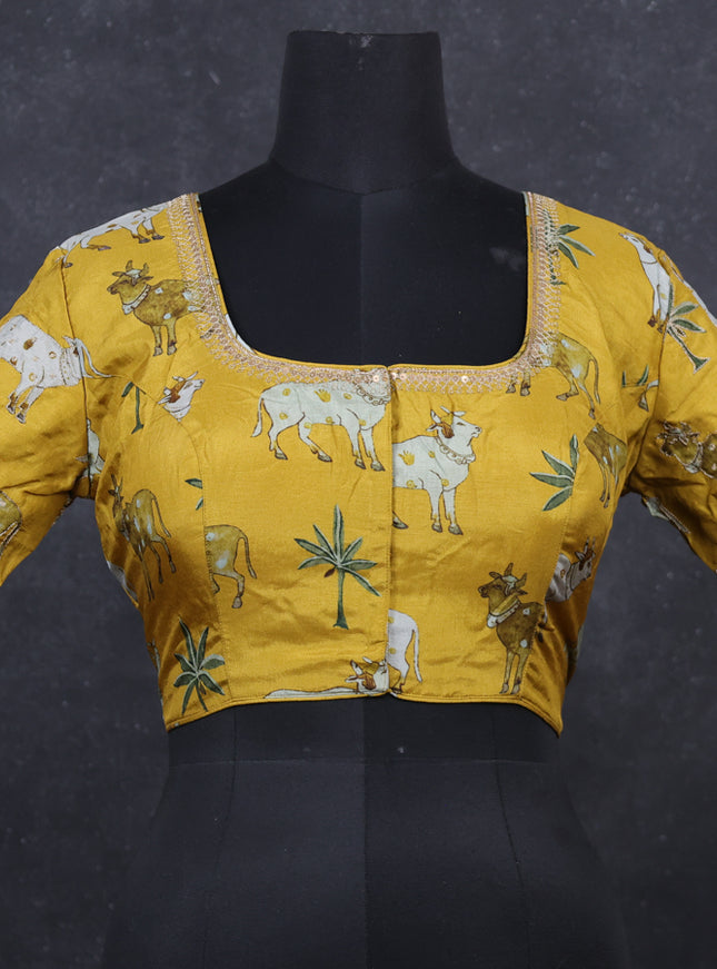 Mustard yellow silk Embroidery readymade blouse mustard