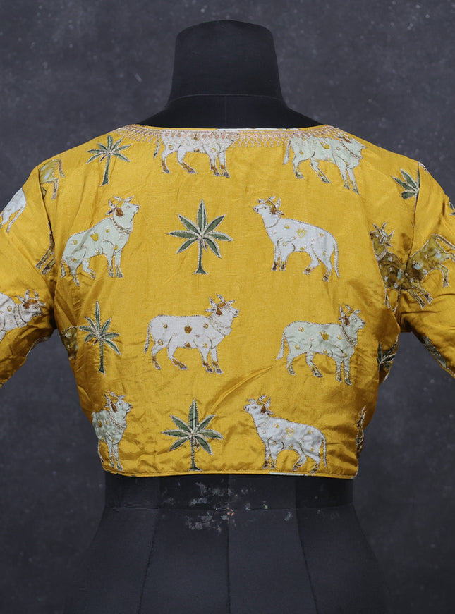 Mustard yellow silk Embroidery readymade blouse mustard