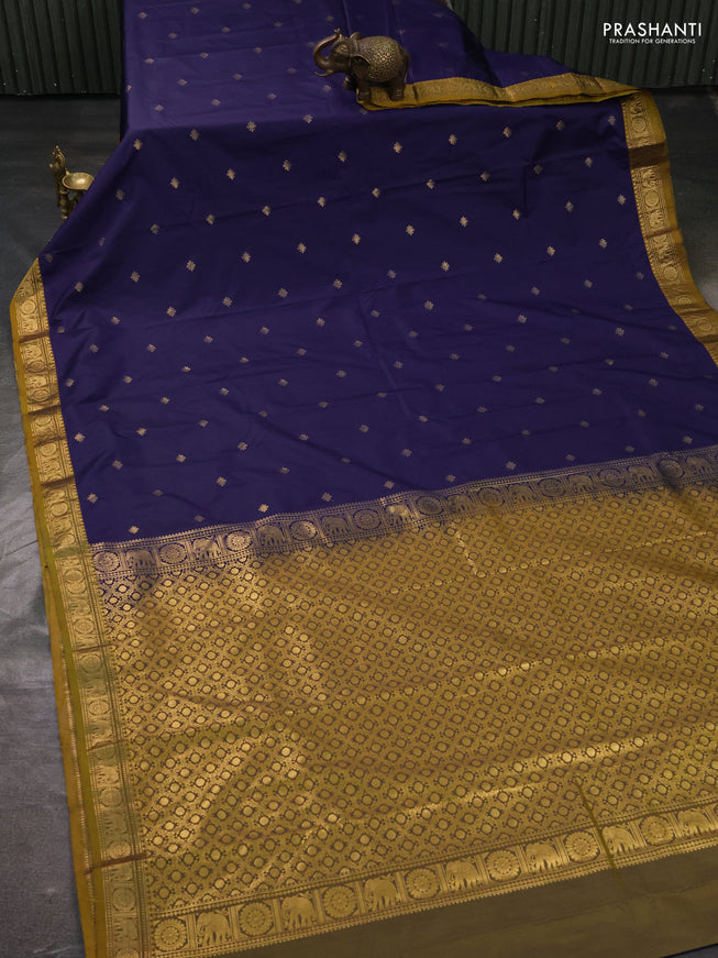 Bangalori silk saree blue and mustard yellow with zari woven buttas and rich zari woven border