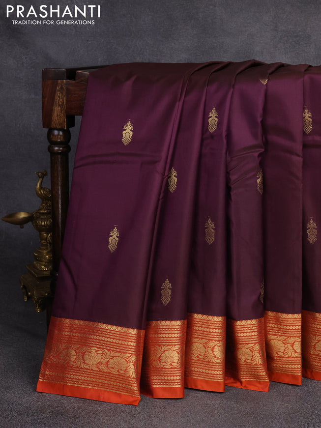 Bangalori silk saree deep wine and orange with zari woven buttas and rich zari woven border