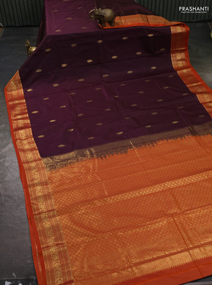 Bangalori silk saree deep wine and orange with zari woven buttas and rich zari woven border