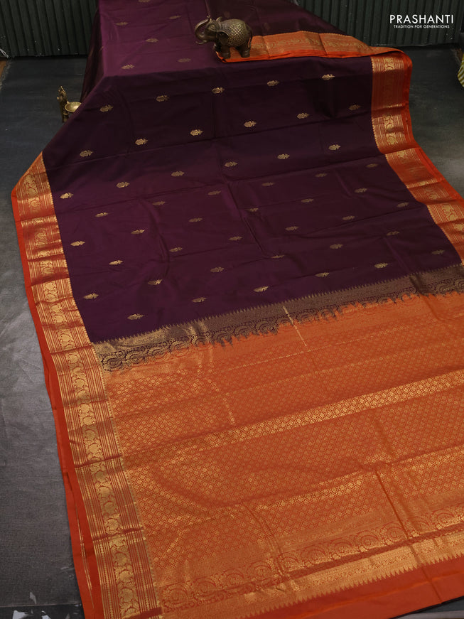 Bangalori silk saree deep wine and orange with zari woven buttas and rich zari woven border
