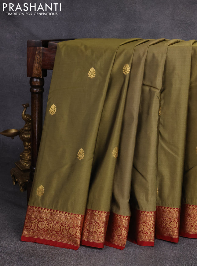Bangalori silk saree elaichi green and maroon with zari woven buttas and rich zari woven border