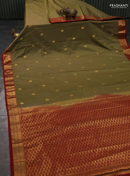 Bangalori silk saree elaichi green and maroon with zari woven buttas and rich zari woven border