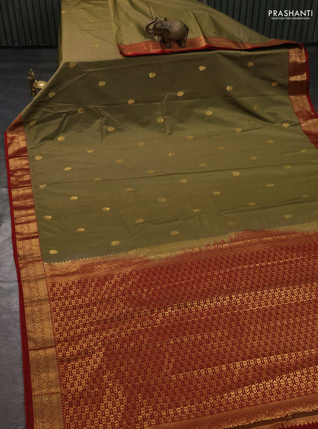 Bangalori silk saree elaichi green and maroon with zari woven buttas and rich zari woven border