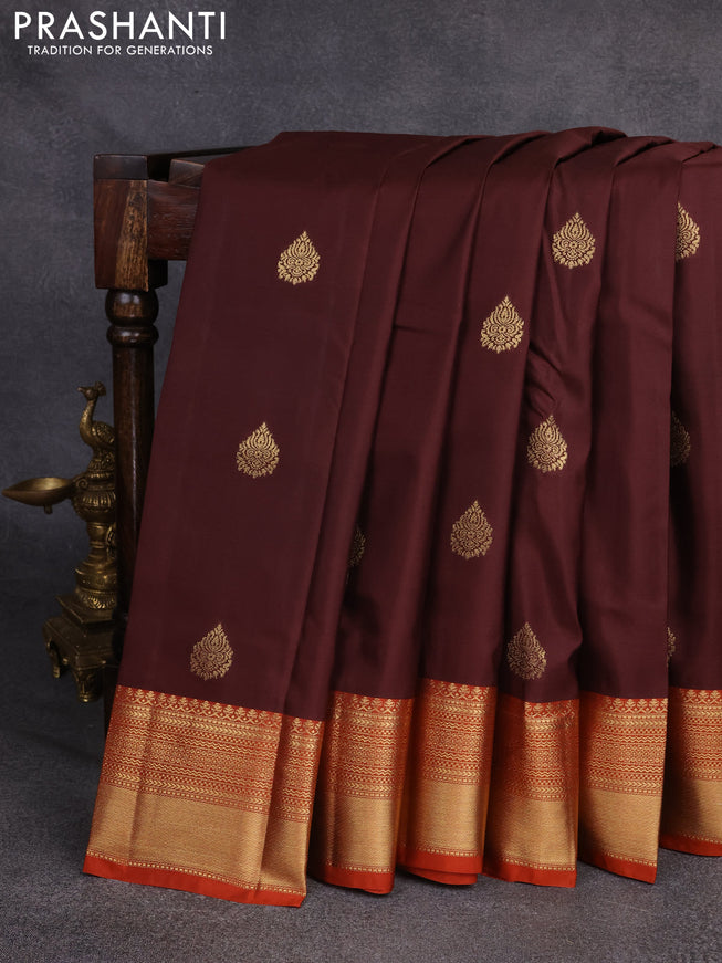 Bangalori silk saree brown and orange with zari woven buttas and rich zari woven border