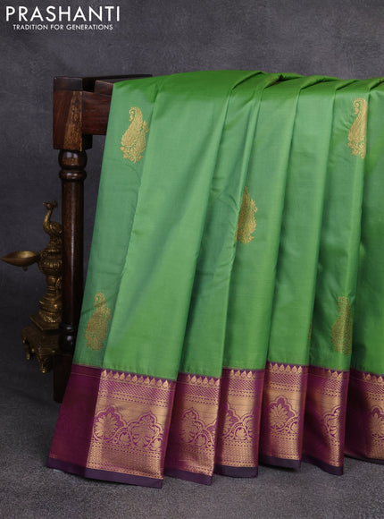 Bangalori silk saree light green and purple with zari woven buttas and rich zari woven border