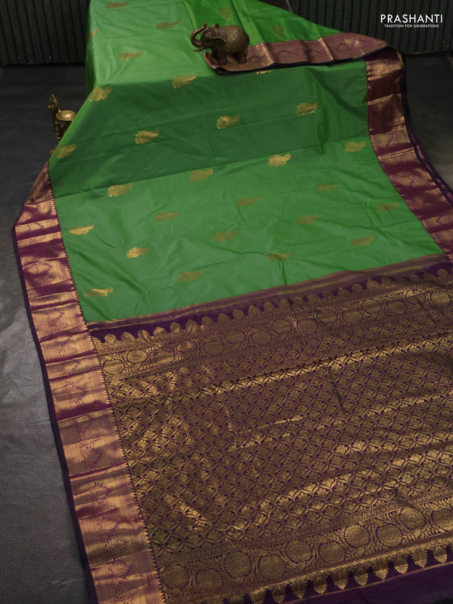 Bangalori silk saree light green and purple with zari woven buttas and rich zari woven border