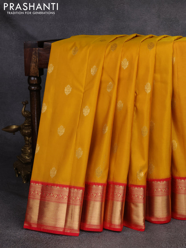 Bangalori silk saree mustard yellow and red with zari woven buttas and rich zari woven border