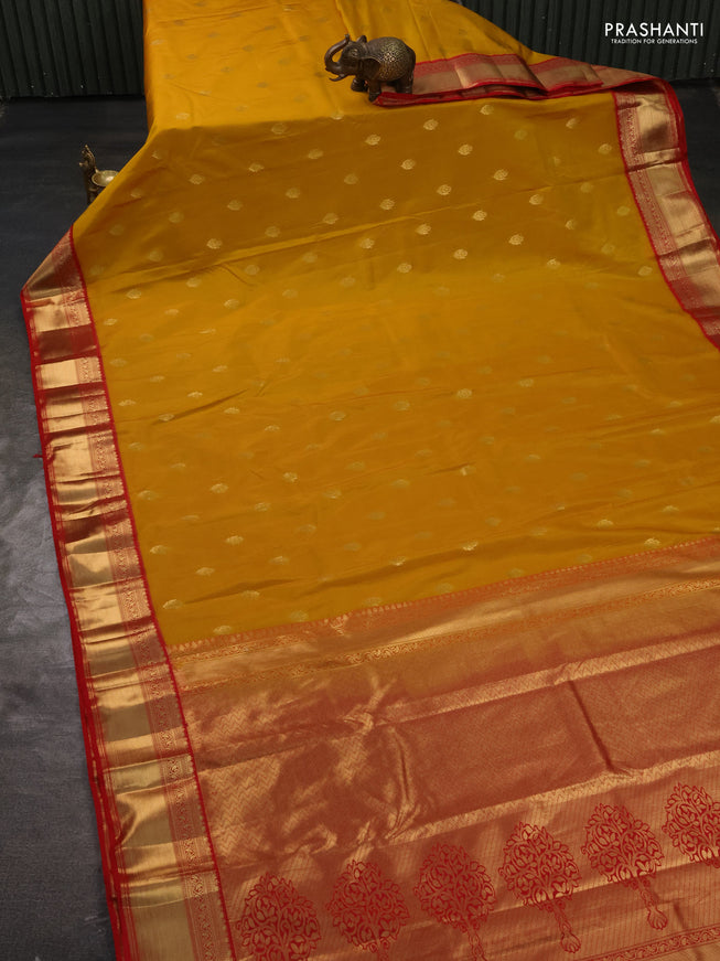 Bangalori silk saree mustard yellow and red with zari woven buttas and rich zari woven border