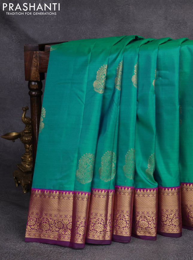 Bangalori silk saree teal blue and purple with zari woven buttas and rich zari woven border