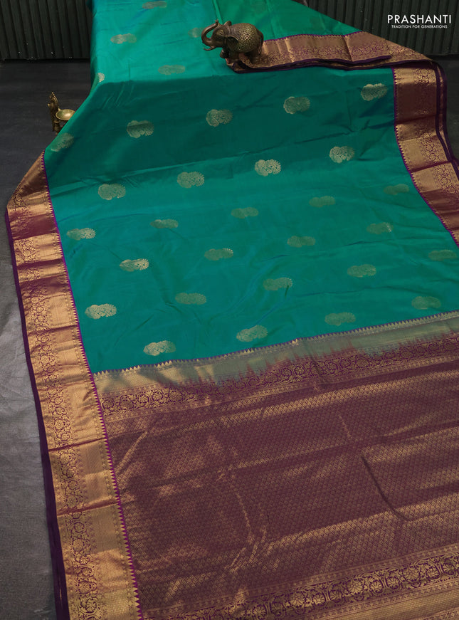 Bangalori silk saree teal blue and purple with zari woven buttas and rich zari woven border