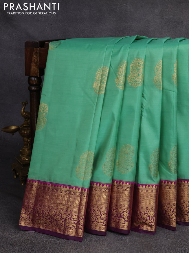 Bangalori silk saree pastel green and purple with zari woven buttas and rich zari woven border