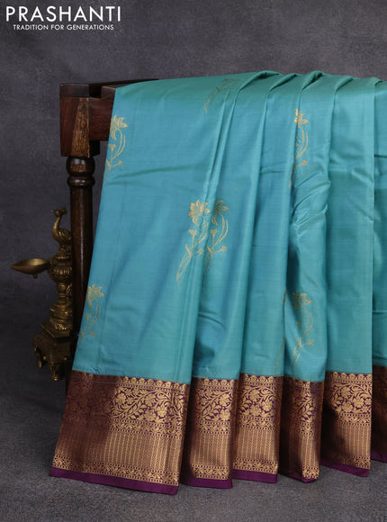 Bangalori silk saree teal blue and deep purple with zari woven buttas and rich zari woven border