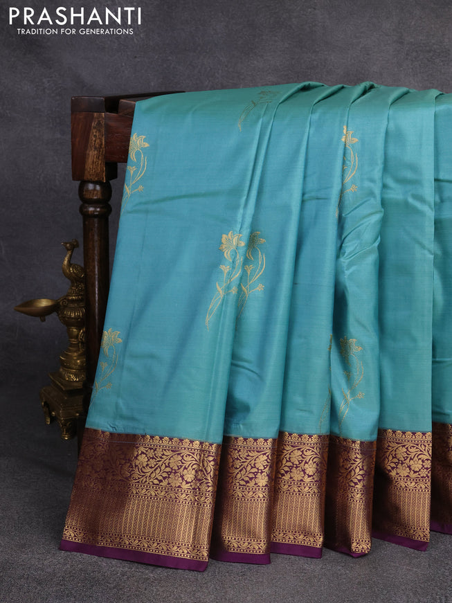 Bangalori silk saree teal blue and deep purple with zari woven buttas and rich zari woven border