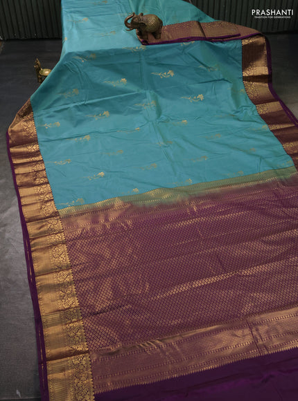 Bangalori silk saree teal blue and deep purple with zari woven buttas and rich zari woven border