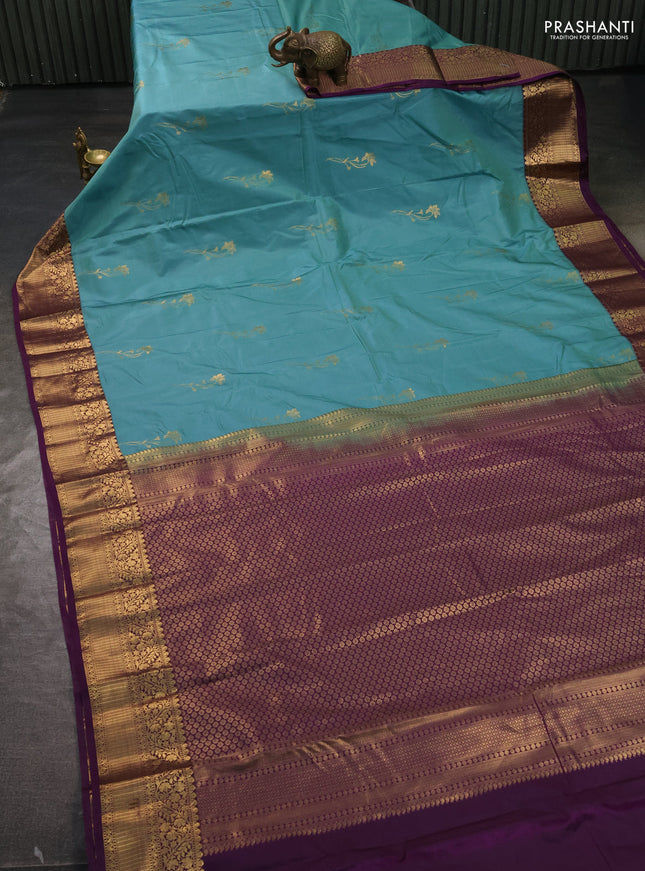 Bangalori silk saree teal blue and deep purple with zari woven buttas and rich zari woven border