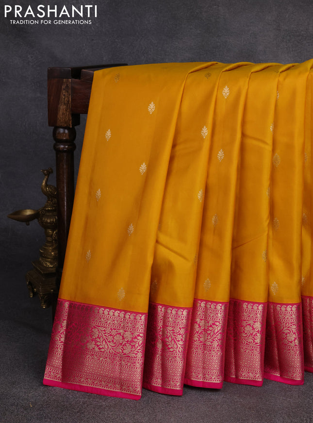 Bangalori silk saree mango yellow and pink with zari woven buttas and rich zari woven border